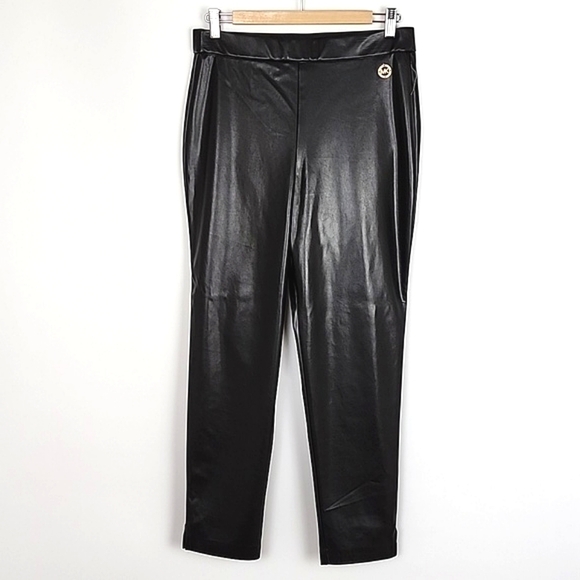 NWT Michael Kors Women's Black Faux Leather Skinny Pull On Pants Stretch Size M - Picture 1 of 9